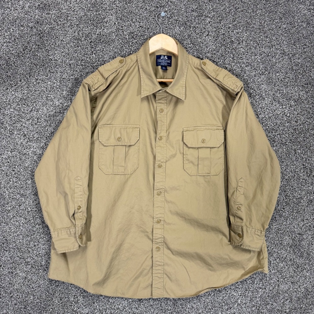 Vintage Willis & Geiger Bush Poplin Safari Shirt Mens 2XL Tan Cotton Epaulets